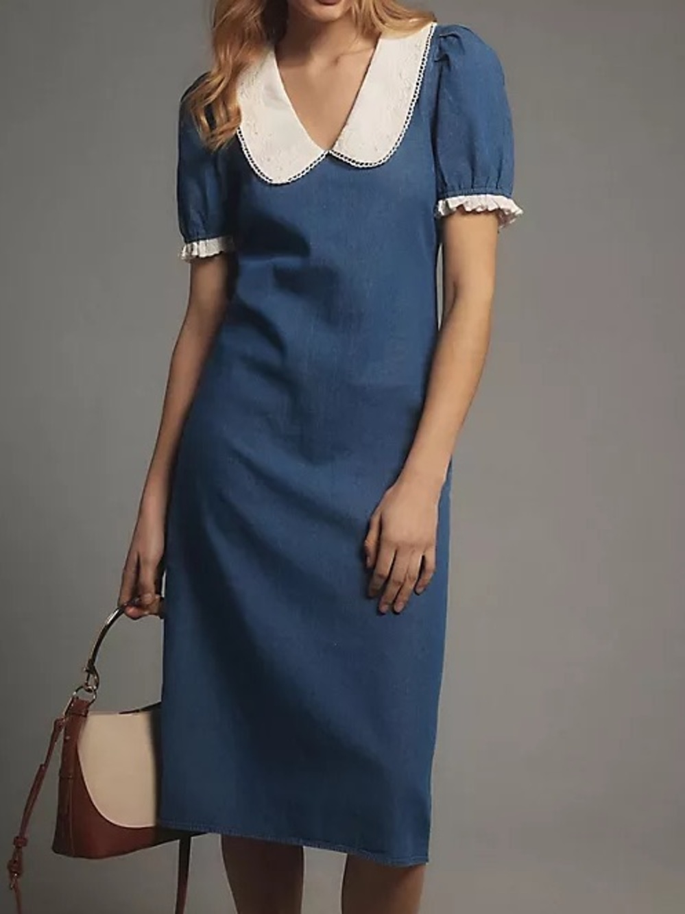 Anthropologie Porridge Short Sleeve Collared Slim Midi Dress Peter Pan Denim